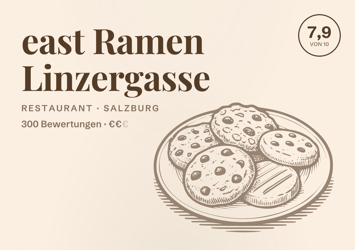 Illustriertes Poster von east Ramen Linzergasse, Restaurant in Salzburg: Bewertung 7,9 von 10 aus 300 Bewertungen, Preisniveau €€
