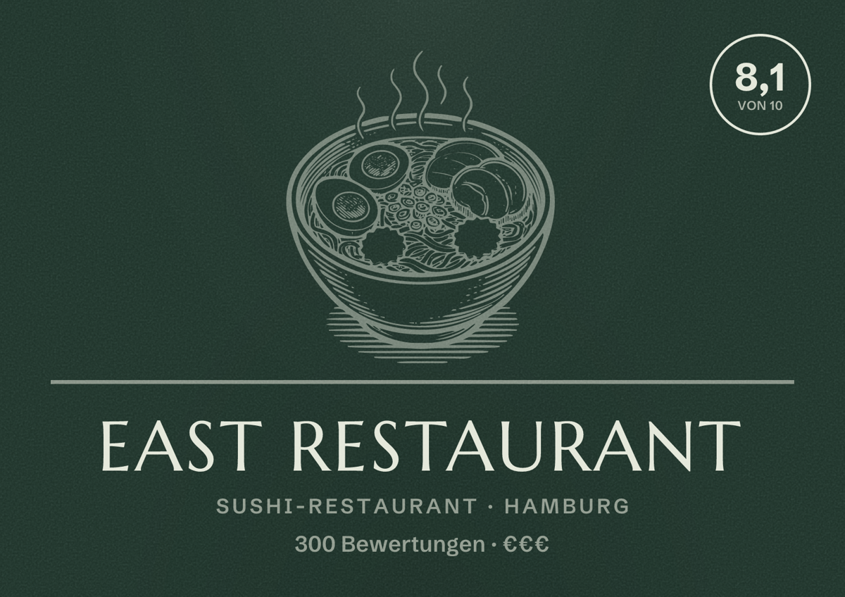 Illustriertes Poster von east Restaurant, Sushi-Restaurant in Hamburg: Bewertung 8,1 von 10 aus 300 Bewertungen, Preisniveau €€€