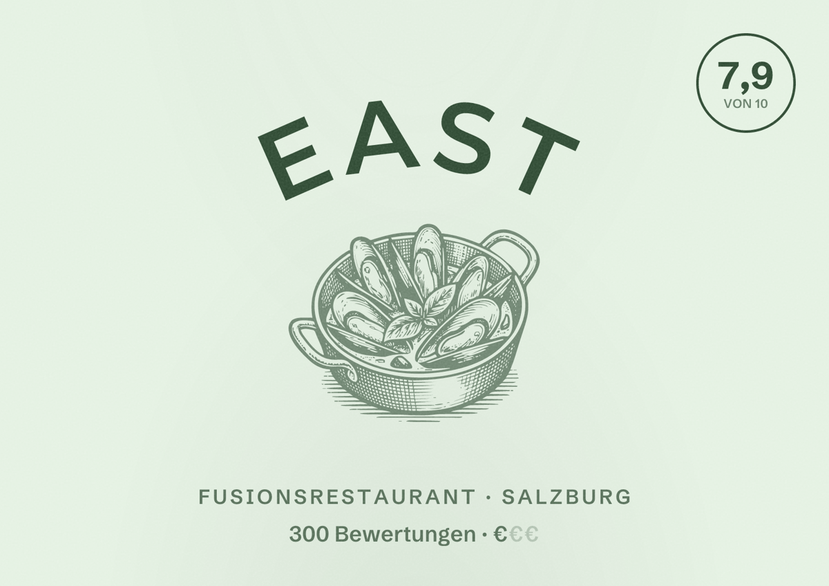 Illustriertes Poster von east, Fusionsrestaurant in Salzburg: Bewertung 7,9 von 10 aus 300 Bewertungen, Preisniveau €