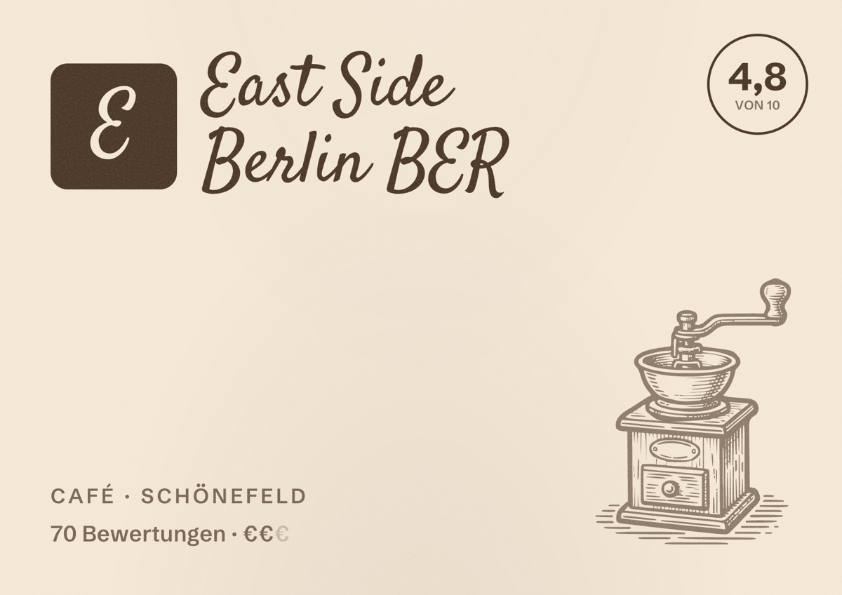Illustriertes Poster von East Side Berlin BER, Café in Schönefeld: Bewertung 4,8 von 10 aus 70 Bewertungen, Preisniveau €€
