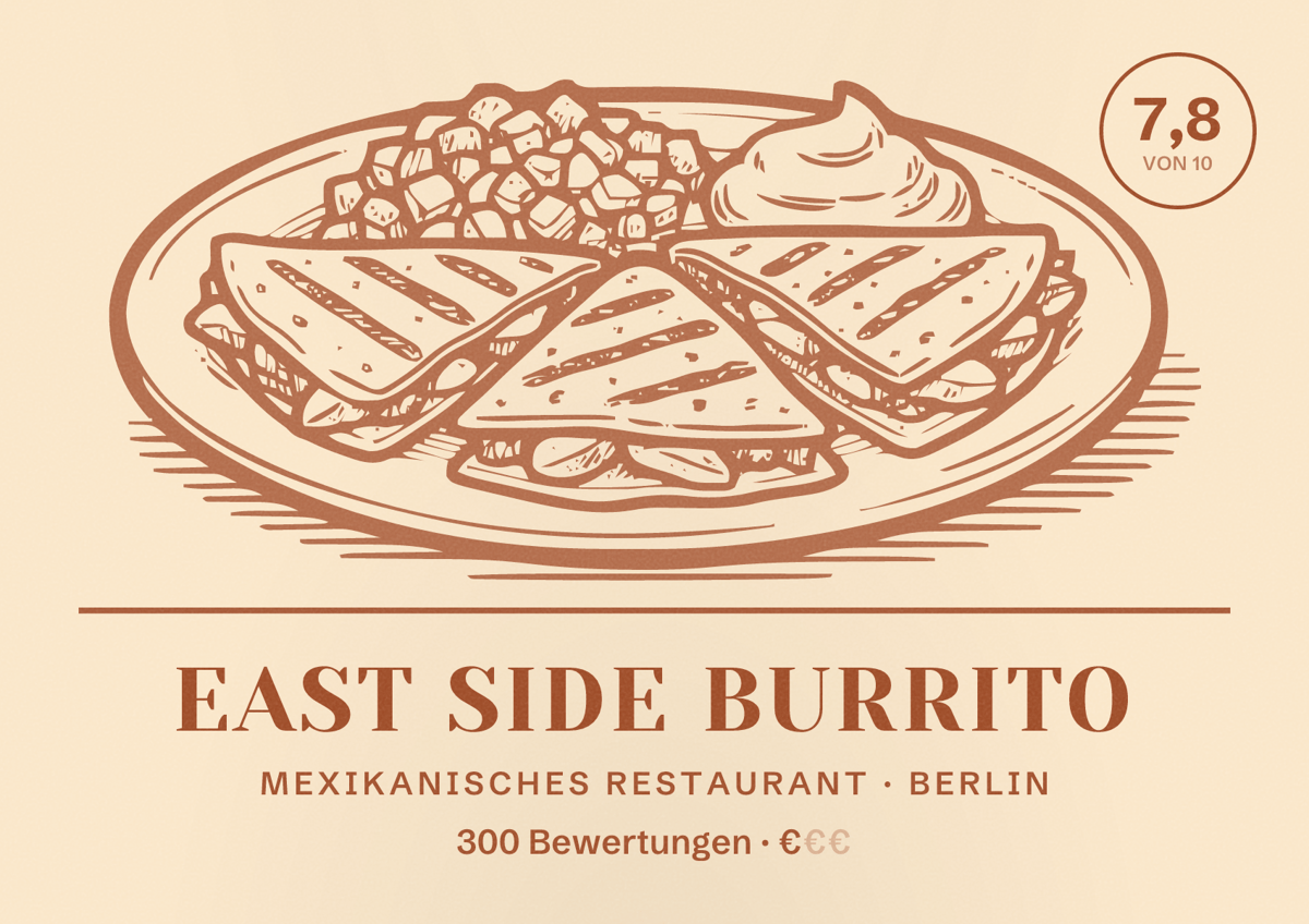 Illustriertes Poster von East Side Burrito, Mexikanisches Restaurant in Berlin: Bewertung 7,8 von 10 aus 300 Bewertungen, Preisniveau €