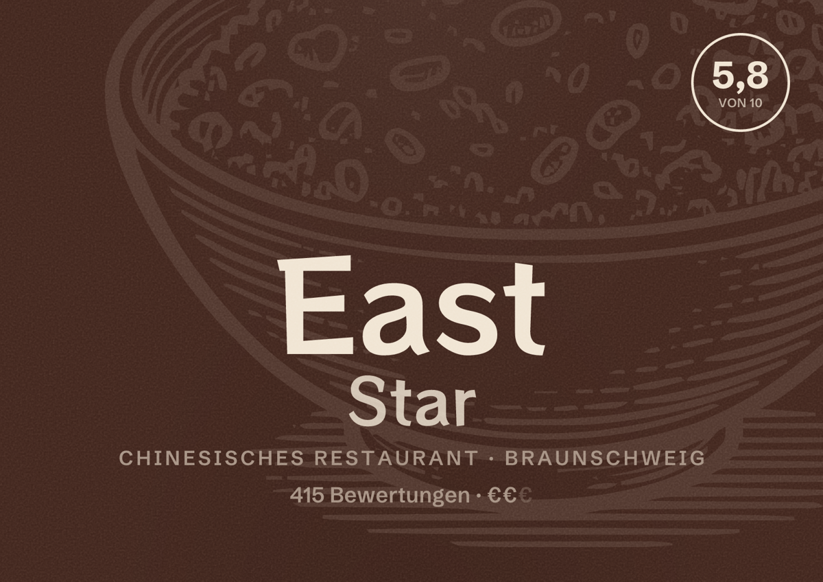 Illustriertes Poster von East Star, Chinesisches Restaurant in Braunschweig: Bewertung 5,8 von 10 aus 415 Bewertungen, Preisniveau €€