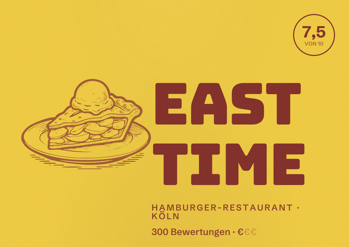 Illustriertes Poster von East time, Hamburger-Restaurant in Köln: Bewertung 7,5 von 10 aus 300 Bewertungen, Preisniveau €