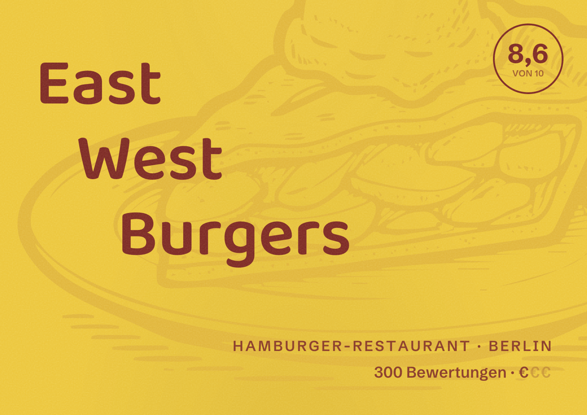 Illustriertes Poster von East West Burgers, Hamburger-Restaurant in Berlin: Bewertung 8,6 von 10 aus 300 Bewertungen, Preisniveau €