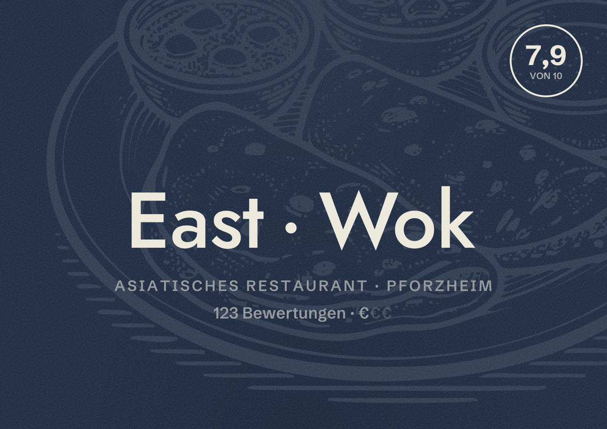 Illustriertes Poster von East Wok, Asiatisches Restaurant in Pforzheim: Bewertung 7,9 von 10 aus 123 Bewertungen, Preisniveau €