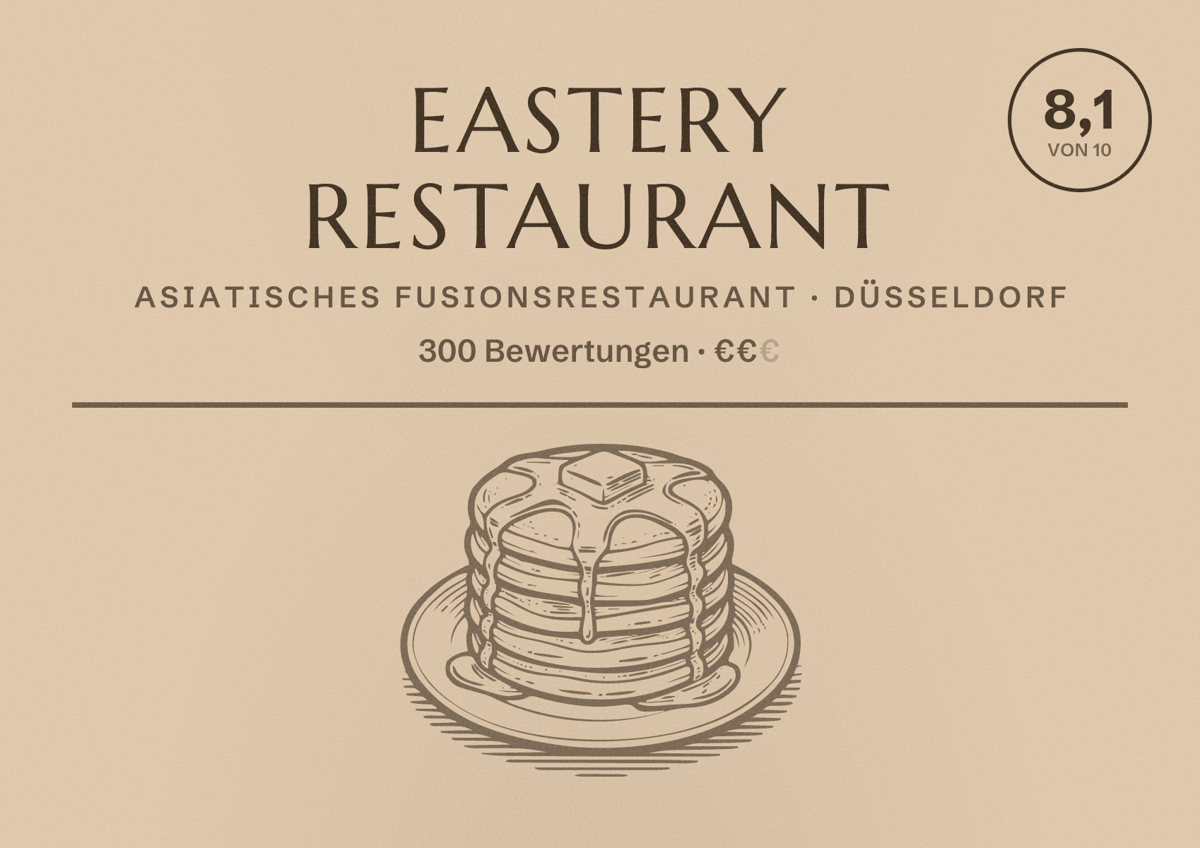 Illustriertes Poster von EASTERY Restaurant, Asiatisches Fusionsrestaurant in Düsseldorf: Bewertung 8,1 von 10 aus 300 Bewertungen, Preisniveau €€