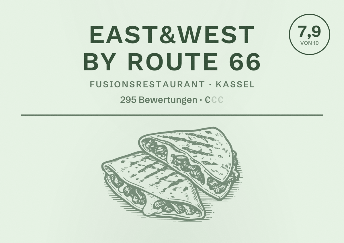 Illustriertes Poster von East&West by Route 66, Fusionsrestaurant in Kassel: Bewertung 7,9 von 10 aus 295 Bewertungen, Preisniveau €