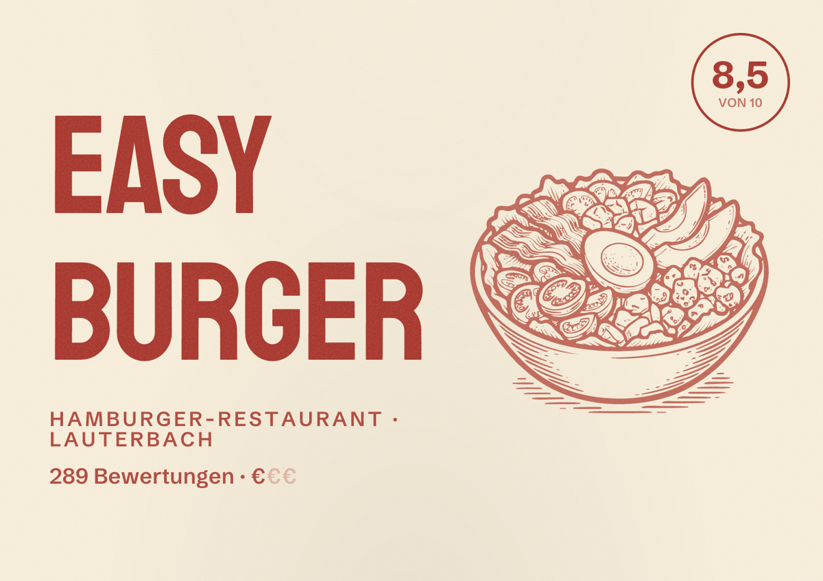 Illustriertes Poster von Easy Burger, Hamburger-Restaurant in Lauterbach: Bewertung 8,5 von 10 aus 289 Bewertungen, Preisniveau €