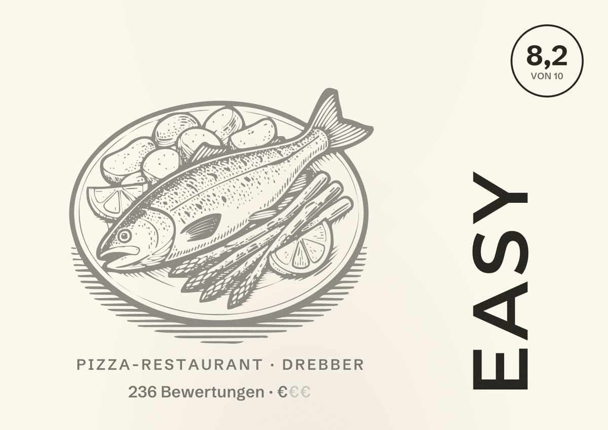 Illustriertes Poster von Easy, Pizza-Restaurant in Drebber: Bewertung 8,2 von 10 aus 236 Bewertungen, Preisniveau €
