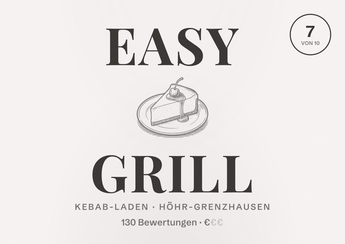 Illustriertes Poster von Easy Grill, Kebab-Laden in Höhr-Grenzhausen: Bewertung 7 von 10 aus 130 Bewertungen, Preisniveau €