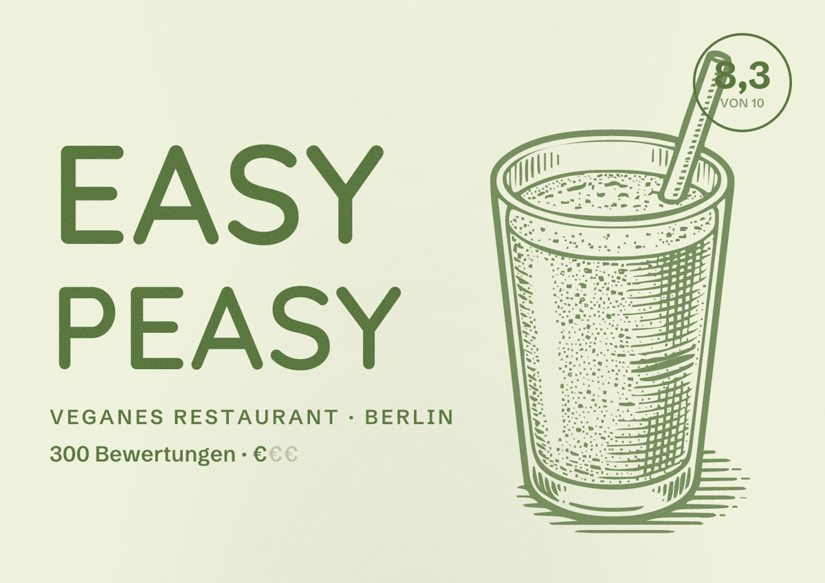 Illustriertes Poster von Easy Peasy, Veganes Restaurant in Berlin: Bewertung 8,3 von 10 aus 300 Bewertungen, Preisniveau €