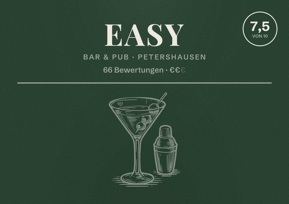 Illustriertes Poster von Easy, Bar & Pub in Petershausen: Bewertung 7,5 von 10 aus 66 Bewertungen, Preisniveau €€