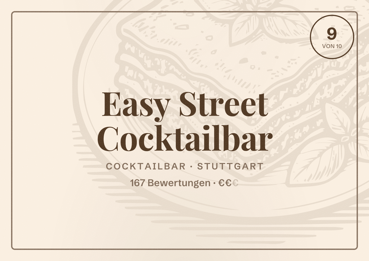Illustriertes Poster von Easy Street Cocktailbar, Cocktailbar in Stuttgart: Bewertung 9,0 von 10 aus 167 Bewertungen, Preisniveau €€