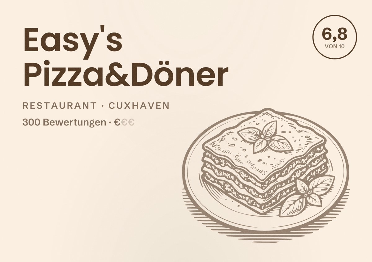 Illustriertes Poster von Easy's Pizza&Döner, Restaurant in Cuxhaven: Bewertung 6,8 von 10 aus 300 Bewertungen, Preisniveau €