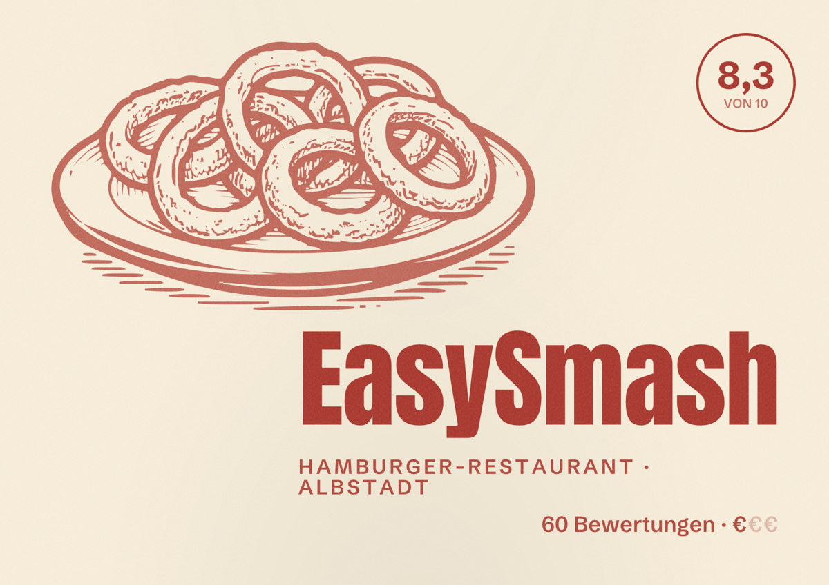 Illustriertes Poster von EasySmash, Hamburger-Restaurant in Albstadt: Bewertung 8,3 von 10 aus 60 Bewertungen, Preisniveau €