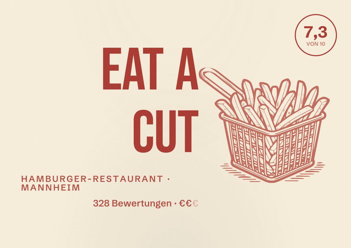 Illustriertes Poster von Eat a Cut, Hamburger-Restaurant in Mannheim: Bewertung 7,3 von 10 aus 328 Bewertungen, Preisniveau €€