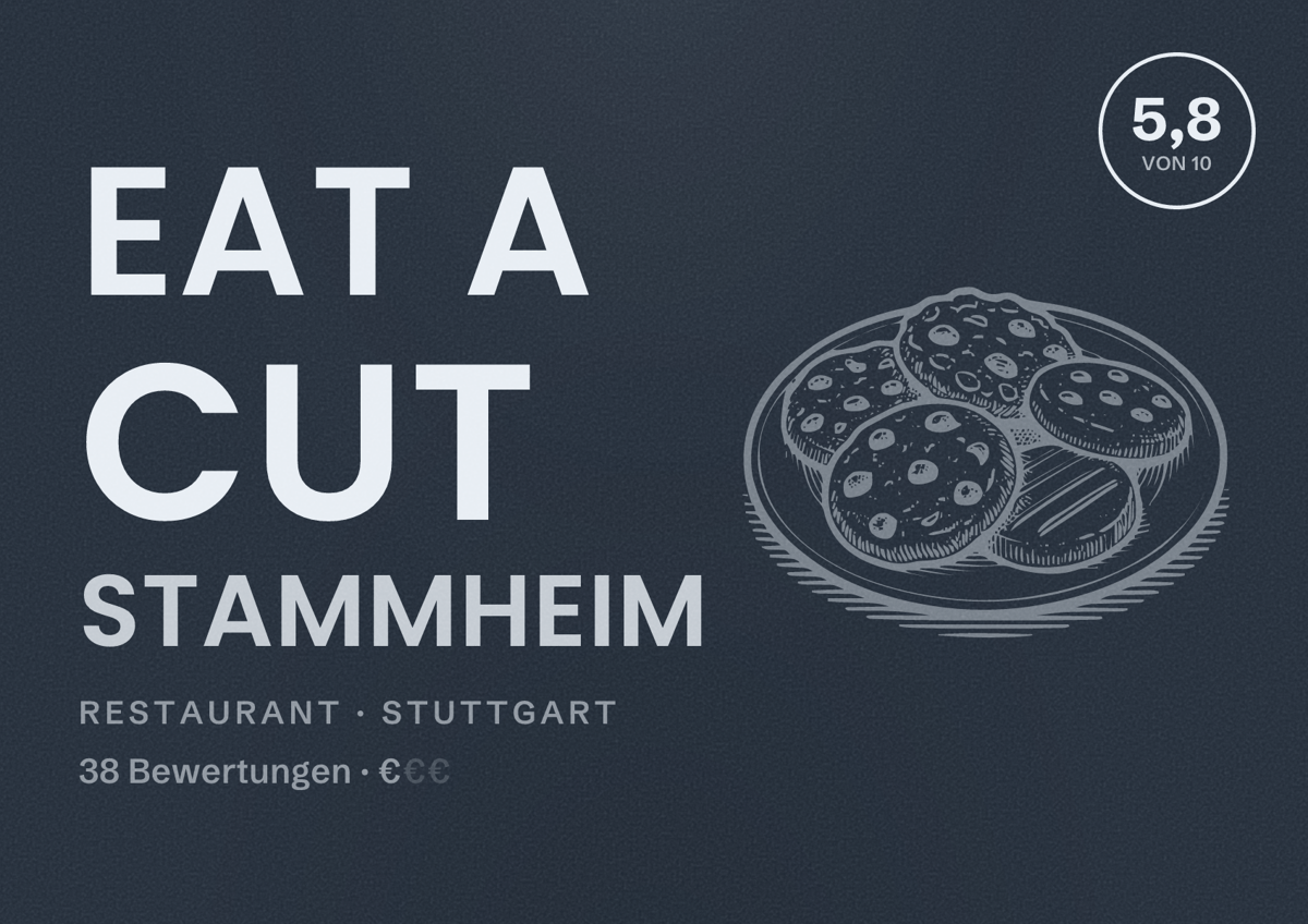 Illustriertes Poster von Eat a Cut Stammheim, Restaurant in Stuttgart: Bewertung 5,8 von 10 aus 38 Bewertungen, Preisniveau €