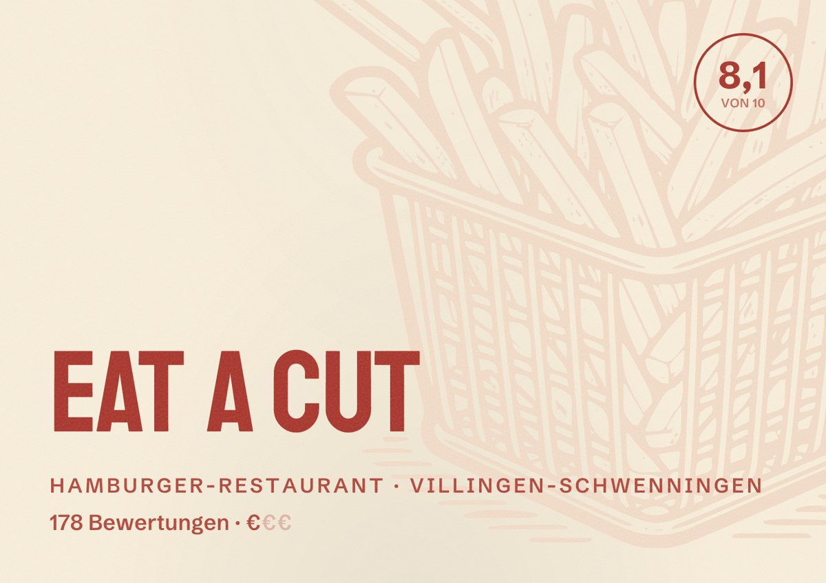 Illustriertes Poster von Eat a Cut, Hamburger-Restaurant in Villingen-Schwenningen: Bewertung 8,1 von 10 aus 178 Bewertungen, Preisniveau €
