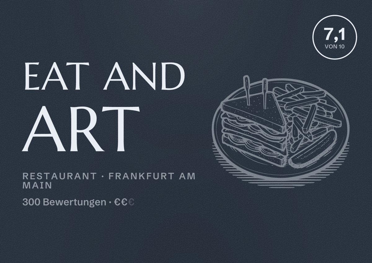 Illustriertes Poster von Eat and Art, Restaurant in Frankfurt am Main: Bewertung 7,1 von 10 aus 300 Bewertungen, Preisniveau €€