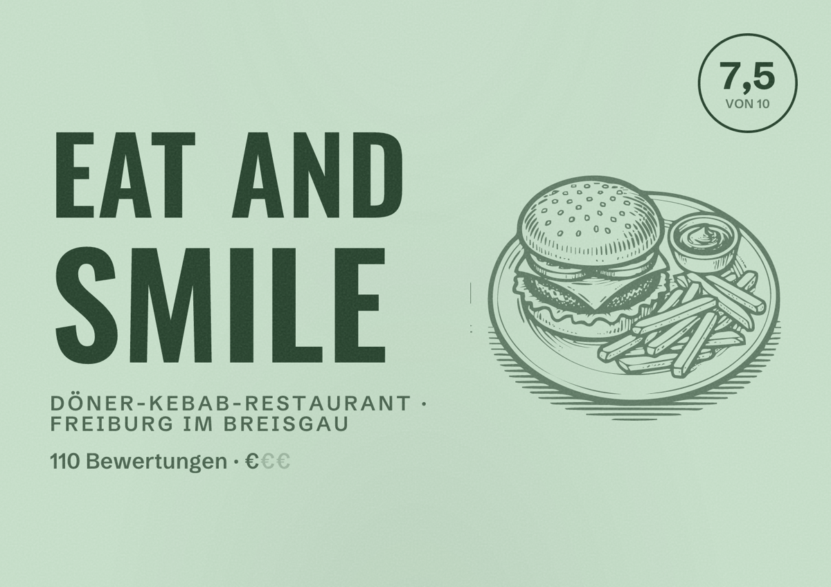 Illustriertes Poster von Eat and Smile, Döner-Kebab-Restaurant in Freiburg im Breisgau: Bewertung 7,5 von 10 aus 110 Bewertungen, Preisniveau €