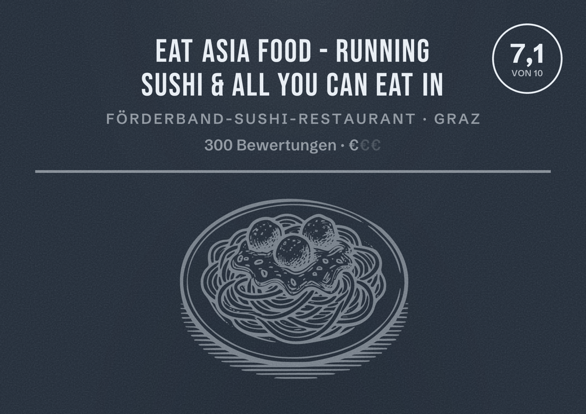 Illustriertes Poster von Eat Asia Food - Running Sushi & all you can eat in, Förderband-Sushi-Restaurant in Graz: Bewertung 7,1 von 10 aus 300 Bewertungen, Preisniveau €