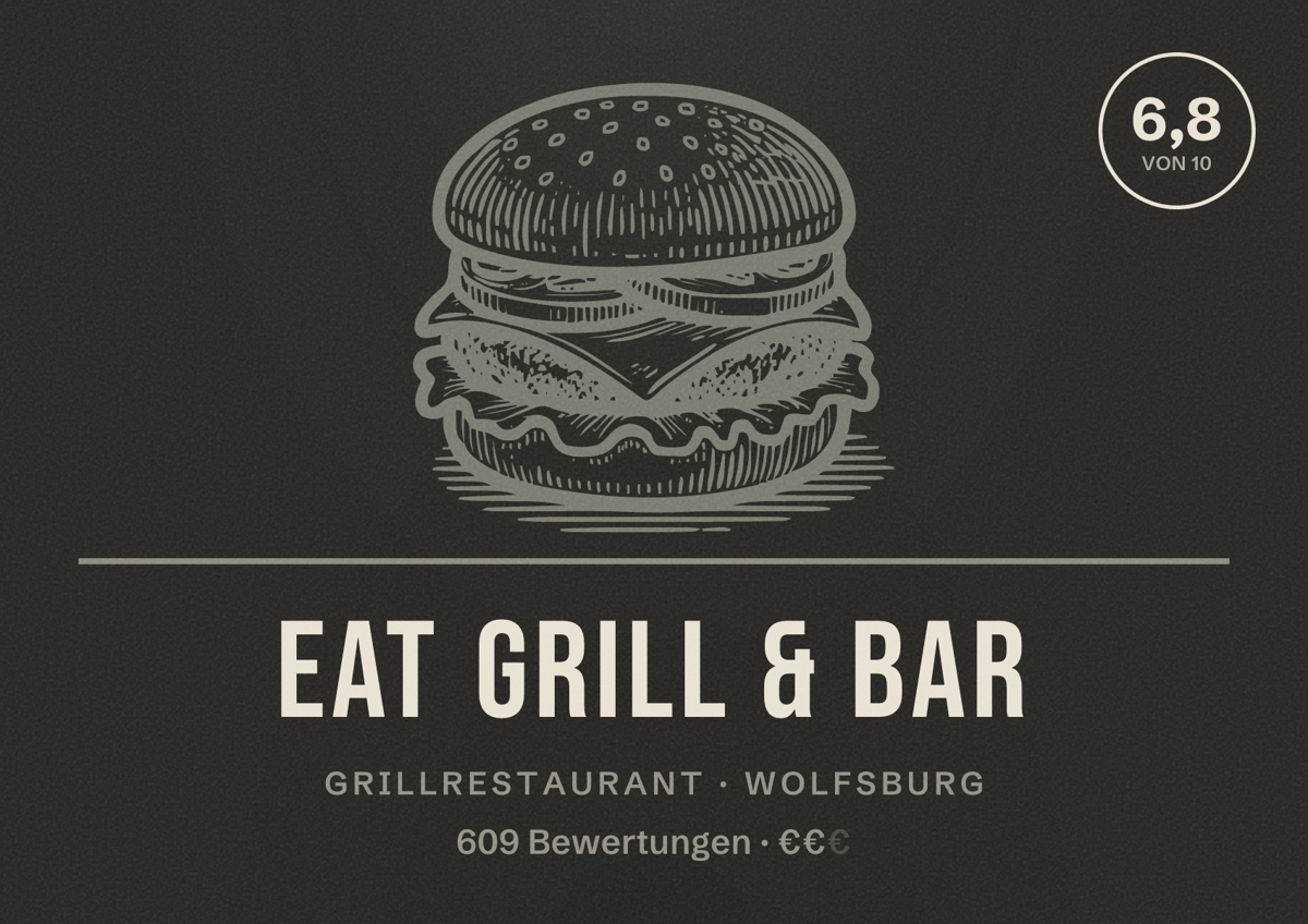 Illustriertes Poster von Eat Grill & Bar, Grillrestaurant in Wolfsburg: Bewertung 6,8 von 10 aus 609 Bewertungen, Preisniveau €€