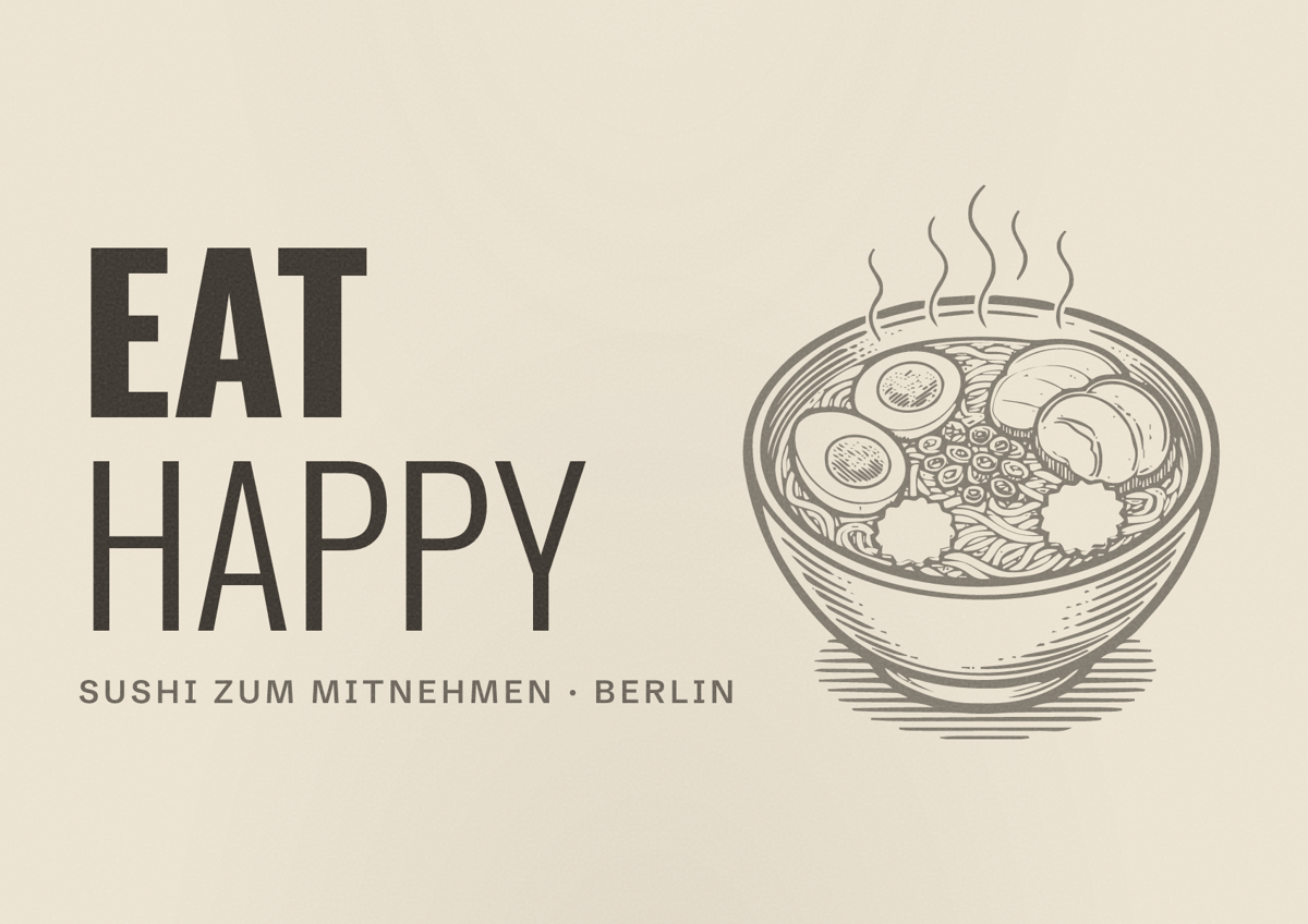 Illustriertes Poster von EAT HAPPY, Sushi zum Mitnehmen in Berlin