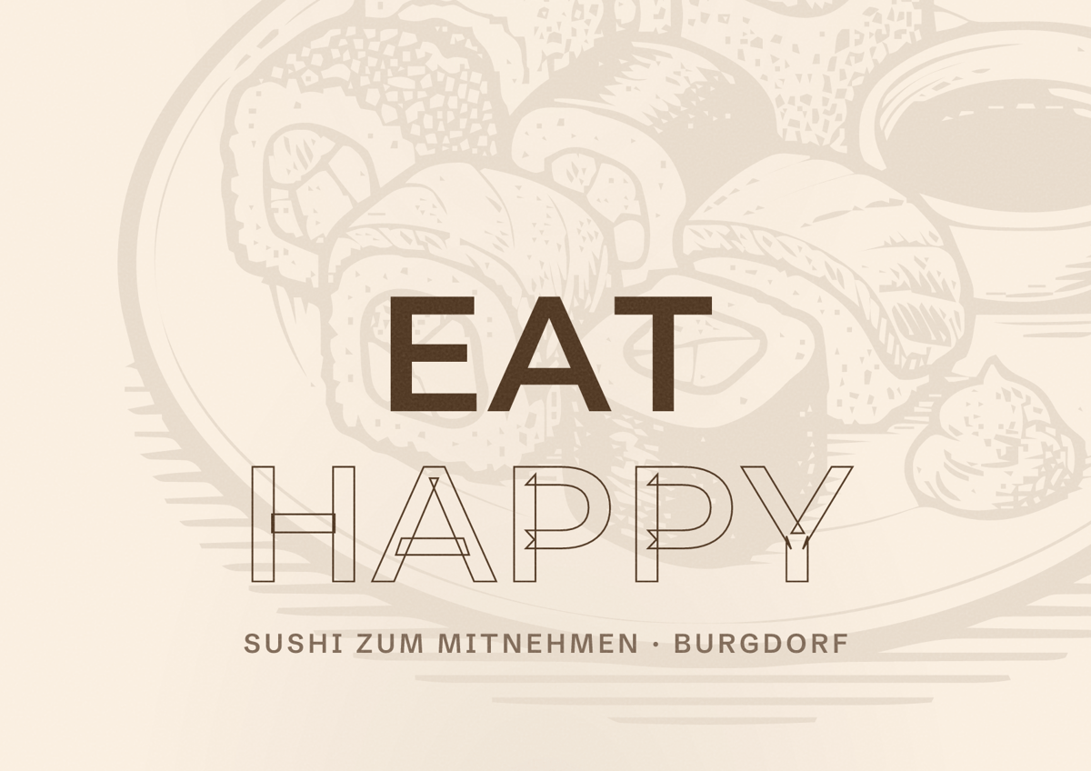 Illustriertes Poster von EAT HAPPY, Sushi zum Mitnehmen in Burgdorf