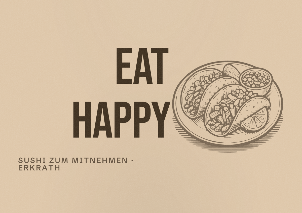 Illustriertes Poster von EAT HAPPY, Sushi zum Mitnehmen in Erkrath