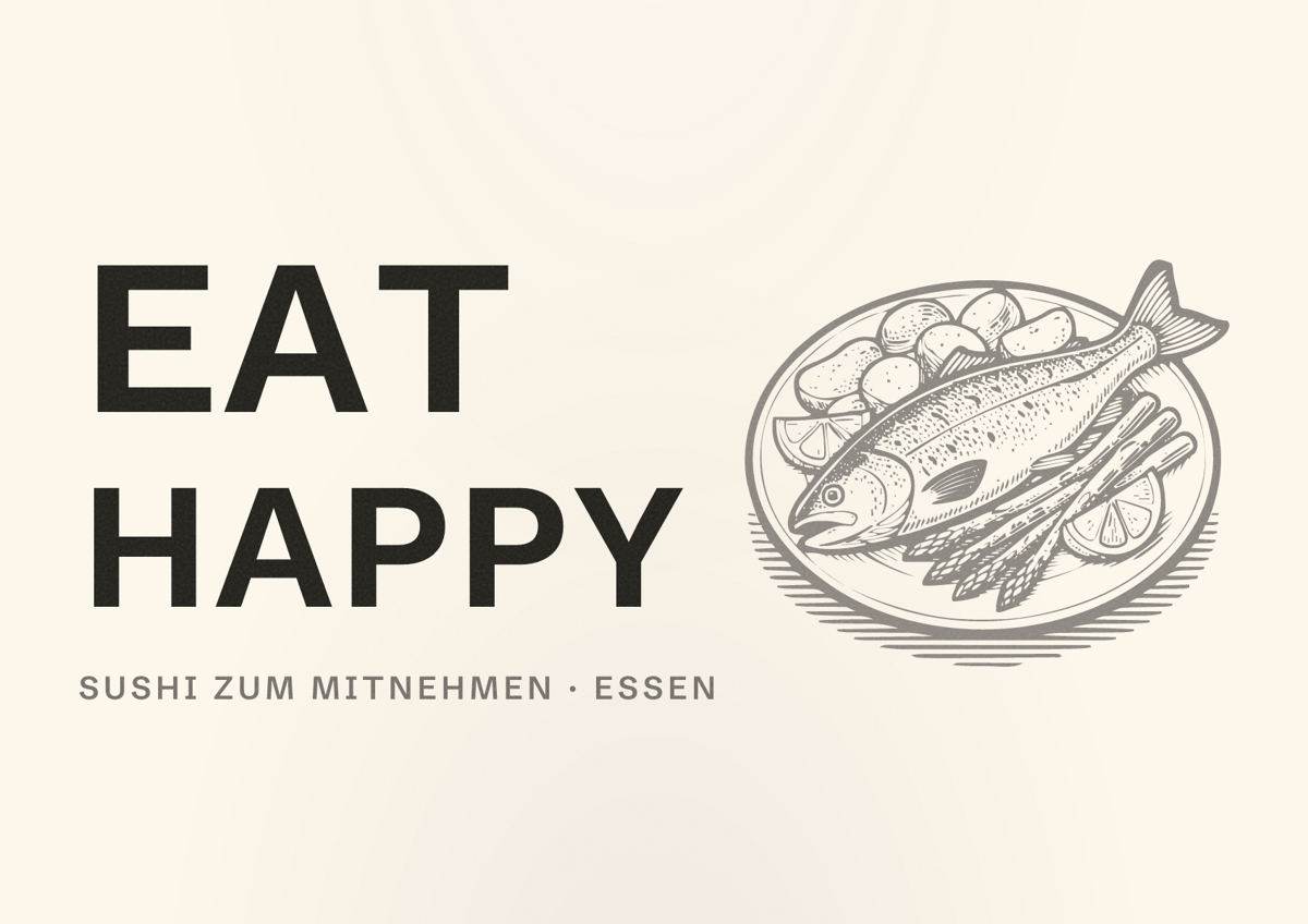 Illustriertes Poster von EAT HAPPY, Sushi zum Mitnehmen in Essen