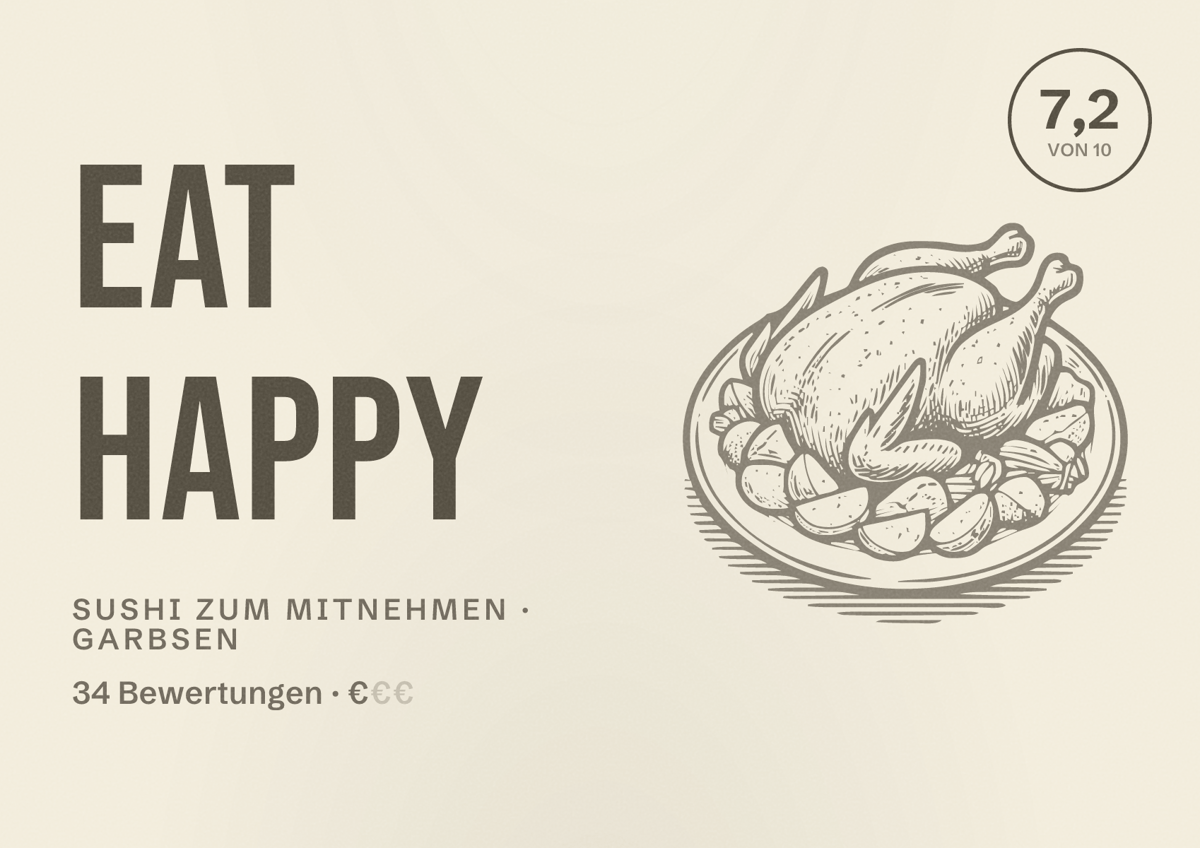 Illustriertes Poster von EAT HAPPY, Sushi zum Mitnehmen in Garbsen: Bewertung 7,2 von 10 aus 34 Bewertungen, Preisniveau €
