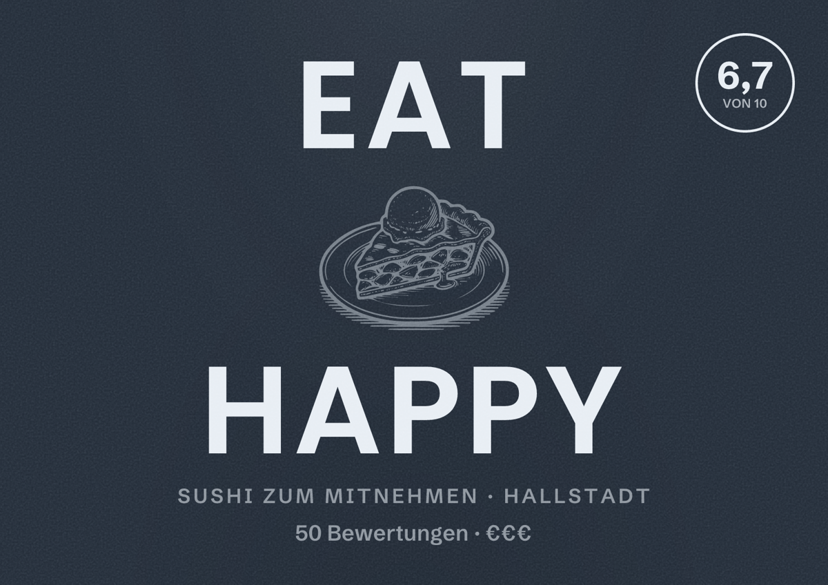 Illustriertes Poster von EAT HAPPY, Sushi zum Mitnehmen in Hallstadt: Bewertung 6,7 von 10 aus 50 Bewertungen, Preisniveau €€€