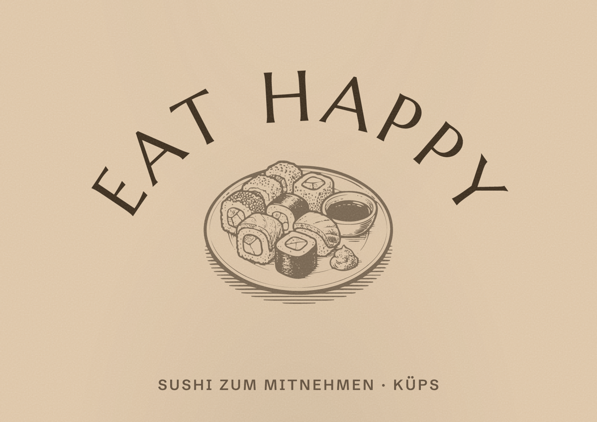 Illustriertes Poster von EAT HAPPY, Sushi zum Mitnehmen in Küps