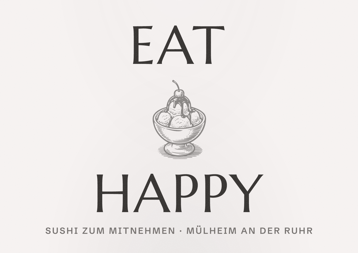 Illustriertes Poster von EAT HAPPY, Sushi zum Mitnehmen in Mülheim an der Ruhr