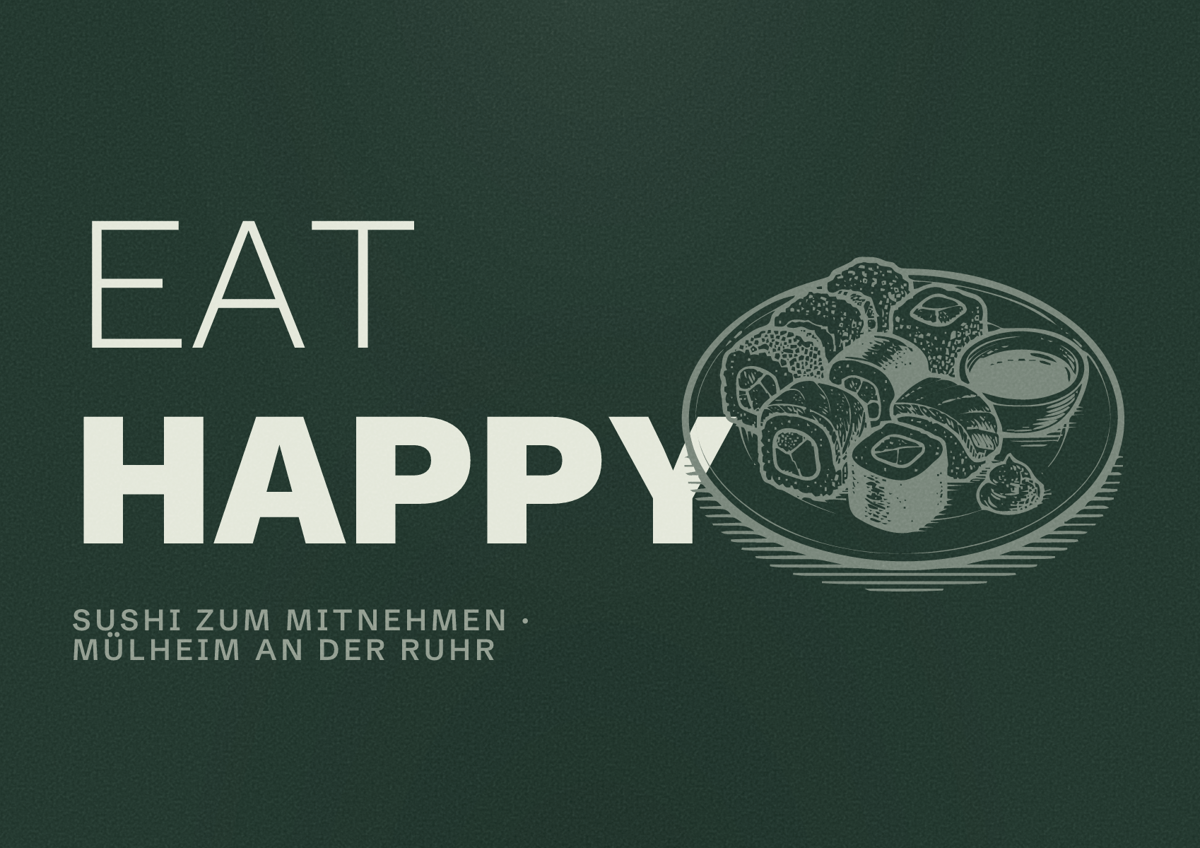 Illustriertes Poster von EAT HAPPY, Sushi zum Mitnehmen in Mülheim an der Ruhr