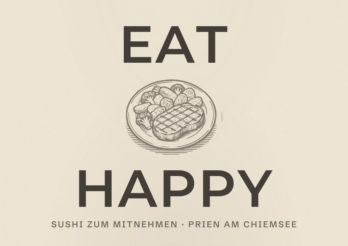 Illustriertes Poster von EAT HAPPY, Sushi zum Mitnehmen in Prien am Chiemsee