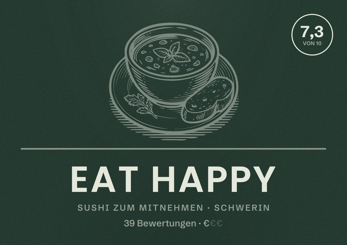 Illustriertes Poster von EAT HAPPY, Sushi zum Mitnehmen in Schwerin: Bewertung 7,3 von 10 aus 39 Bewertungen, Preisniveau €