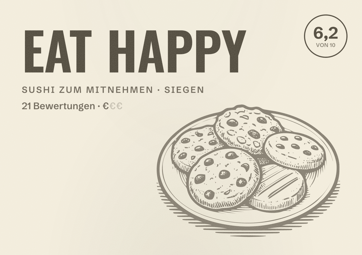 Illustriertes Poster von EAT HAPPY, Sushi zum Mitnehmen in Siegen: Bewertung 6,2 von 10 aus 21 Bewertungen, Preisniveau €