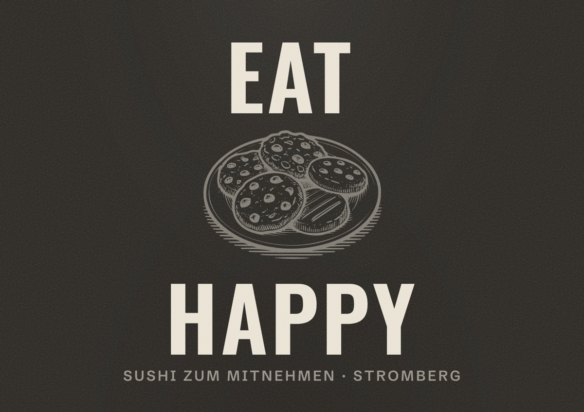 Illustriertes Poster von EAT HAPPY, Sushi zum Mitnehmen in Stromberg