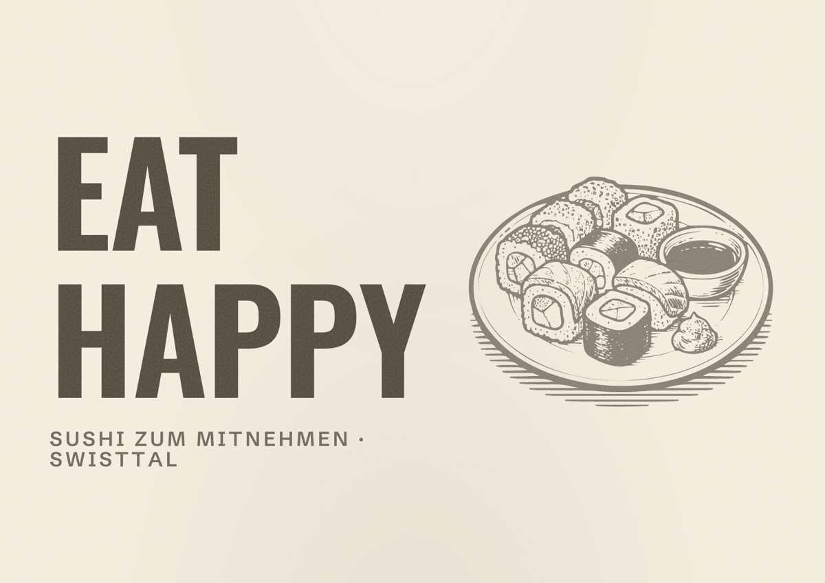 Illustriertes Poster von EAT HAPPY, Sushi zum Mitnehmen in Swisttal