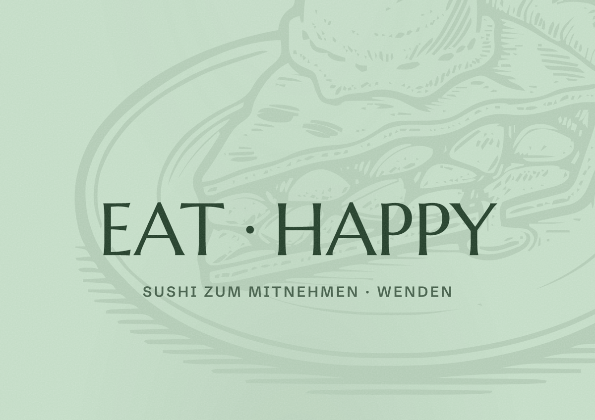 Illustriertes Poster von EAT HAPPY, Sushi zum Mitnehmen in Wenden