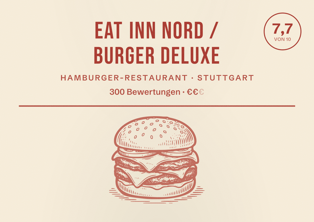 Illustriertes Poster von EAT INN NORD / Burger Deluxe, Hamburger-Restaurant in Stuttgart: Bewertung 7,7 von 10 aus 300 Bewertungen, Preisniveau €€