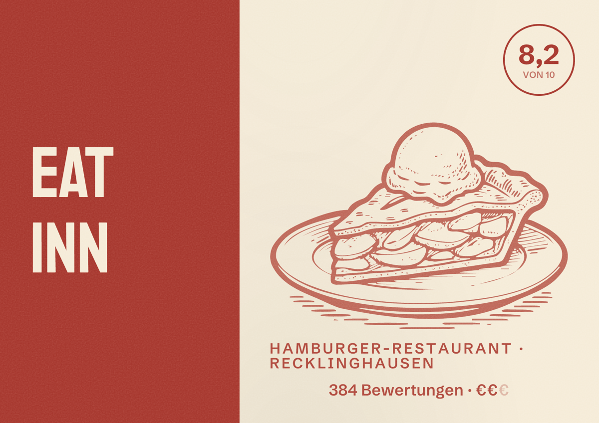 Illustriertes Poster von Eat Inn, Hamburger-Restaurant in Recklinghausen: Gästebewertung 8,2 von 10 aus 384 Bewertungen