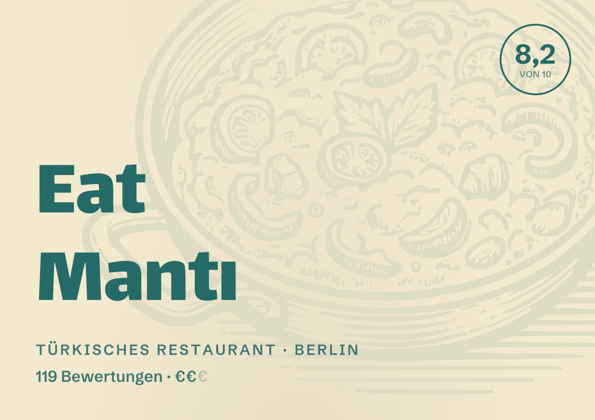 Illustriertes Poster von Eat Mantı, Türkisches Restaurant in Berlin: Bewertung 8,2 von 10 aus 119 Bewertungen, Preisniveau €€