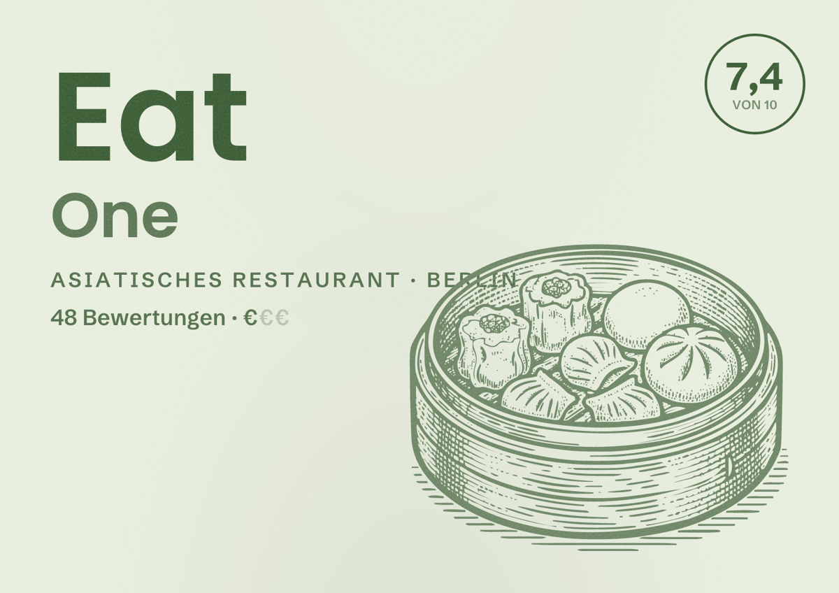 Illustriertes Poster von Eat One, Asiatisches Restaurant in Berlin: Bewertung 7,4 von 10 aus 48 Bewertungen, Preisniveau €