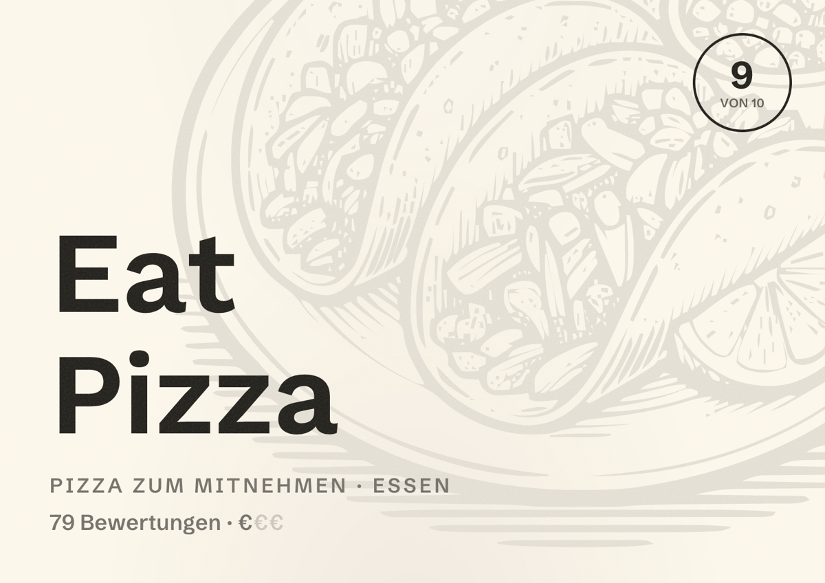 Illustriertes Poster von Eat Pizza, Pizza zum Mitnehmen in Essen: Bewertung 9 von 10 aus 79 Bewertungen, Preisniveau €