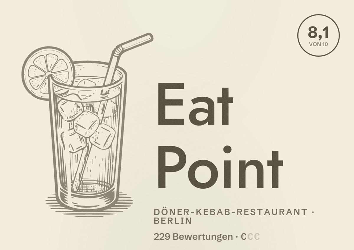 Illustriertes Poster von Eat Point, Döner-Kebab-Restaurant in Berlin: Bewertung 8,1 von 10 aus 229 Bewertungen, Preisniveau €