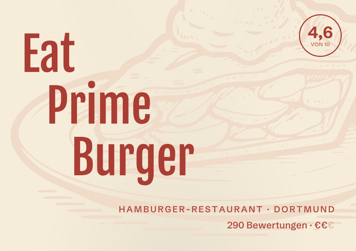 Illustriertes Poster von Eat Prime Burger, Hamburger-Restaurant in Dortmund: Bewertung 4,6 von 10 aus 290 Bewertungen, Preisniveau €€