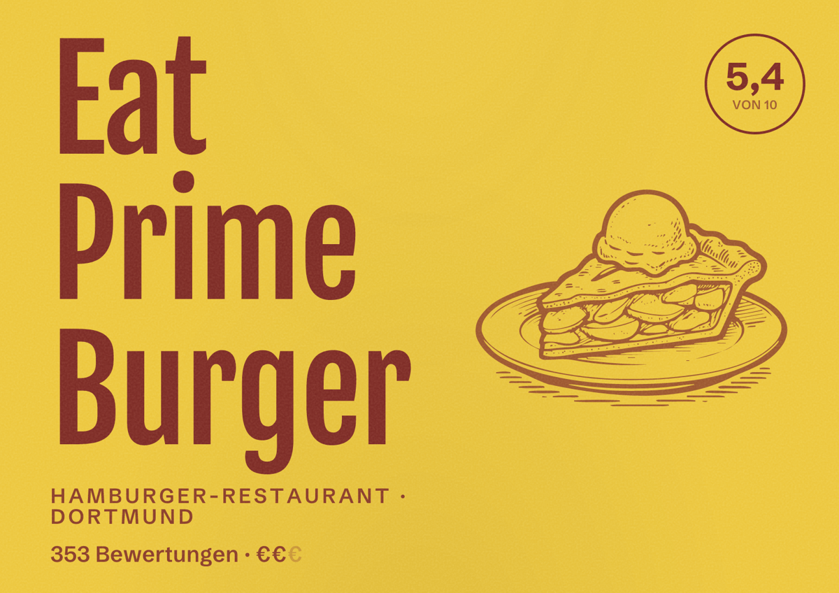 Illustriertes Poster von Eat Prime Burger, Hamburger-Restaurant in Dortmund: Bewertung 5,4 von 10 aus 353 Bewertungen, Preisniveau €€