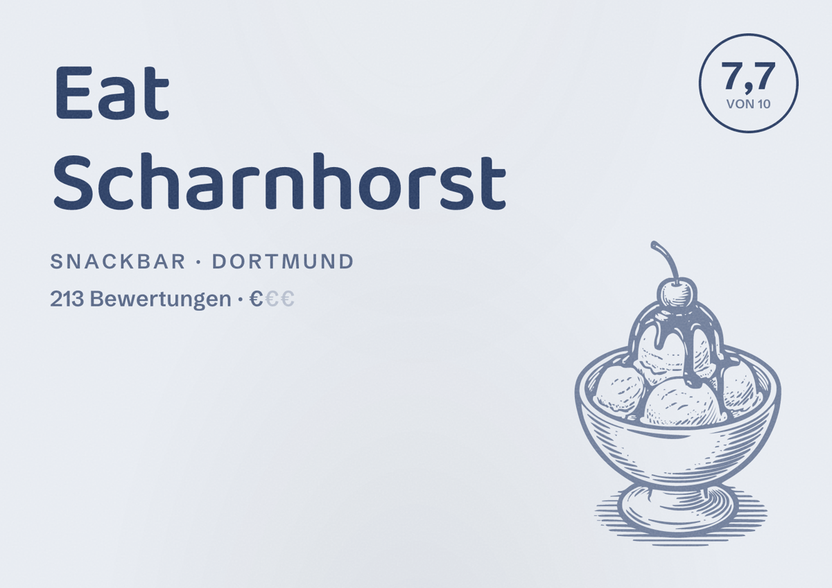 Illustriertes Poster von Eat Scharnhorst, Snackbar in Dortmund: Bewertung 7,7 von 10 aus 213 Bewertungen, Preisniveau €